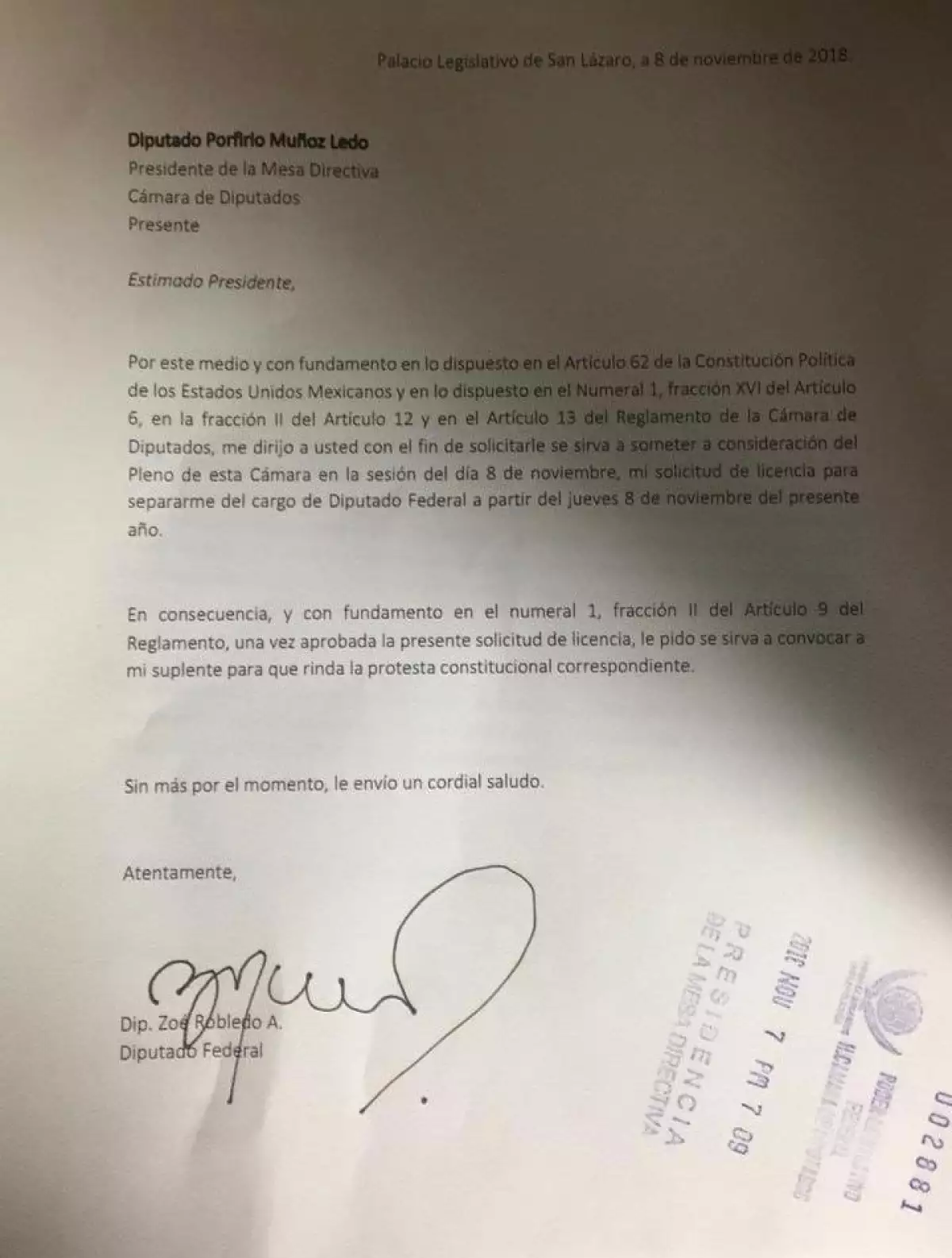Carta Zoé Renuncia