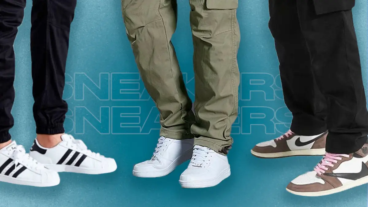 Fotoarte de distintos looks de hombre con tenis.