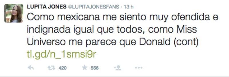 La ex Miss Universo expresó a través de su Twitter lo ofendida que se siente ante los comentarios de Trump, reiterando que México no concursará en Miss Universo.