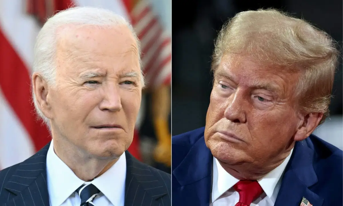 Esta combinación de imágenes creadas el 7 de noviembre de 2024 muestra que el presidente de los Estados Unidos, Joe Biden (L), se dirige a la nación desde el Rose Garden de la Casa Blanca en Washington, DC, el 7 de noviembre de 2024, después de que Donald Trump ganara las elecciones presidenciales, y el ex presidente de los Estados Unidos y candidato presidencial republicano Donald Trump (R) asiste a una reunión del ayuntamiento moderada por la gobernadora de Arkansas, Sarah Huckabee Sanders en el Centro Financiero Dort en Flint, Michigan, el 17 de septiembre de 2024. El presidente Joe Biden instó a los estadounidenses el 7 de noviembre de 2024 a bajar la temperatura política después de la aplastante victoria electoral de Donald Trump sobre Kamala Harris, diciendo en un discurso conciliador a la nación que garantizaría una transición pacífica del poder.