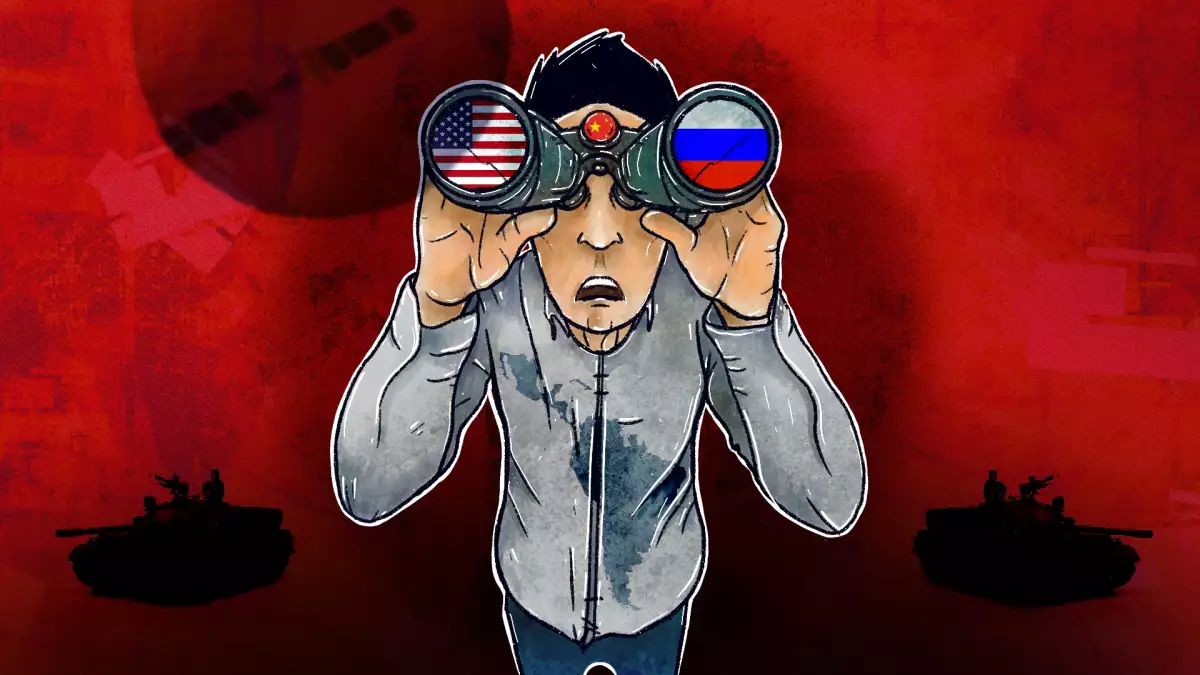 Ilustración de un hombre vestido con jeans y camisa gris que ve a través de unos binoculares con cristales y visor con las banderas de Estados Unidos. Rusia y China. 