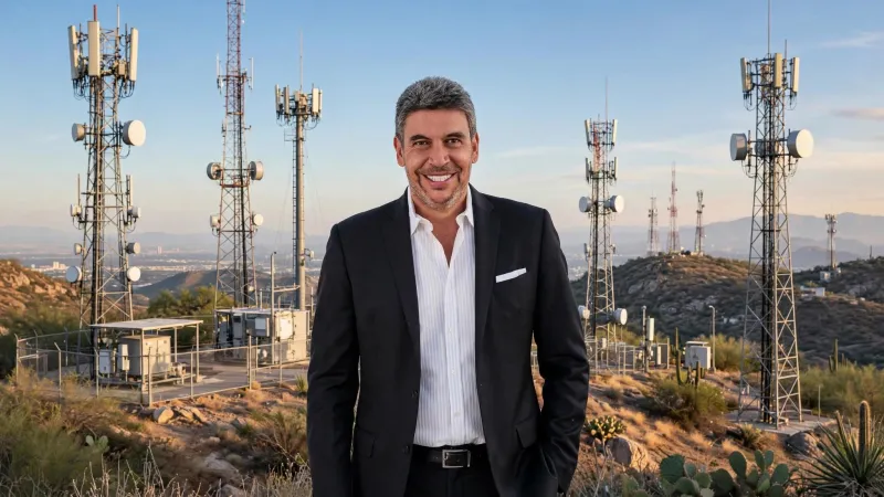 Arturo Elías Ayub, rodeado de torres de telecomunicaciones. 