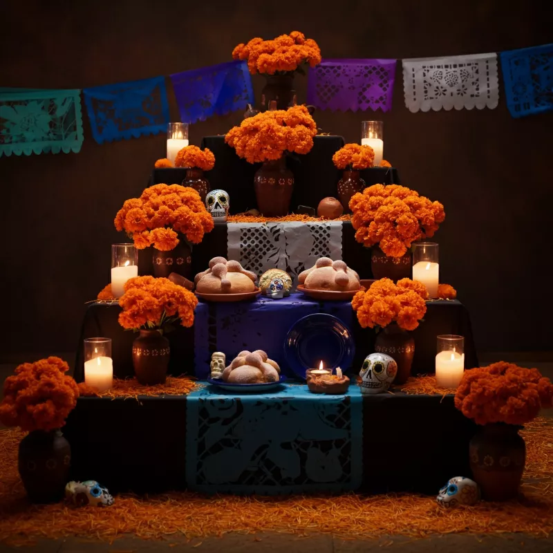 Traditional,Mexican,Dead,Altar,That,Has,3,Levels,,Cempasúchil,Flower,