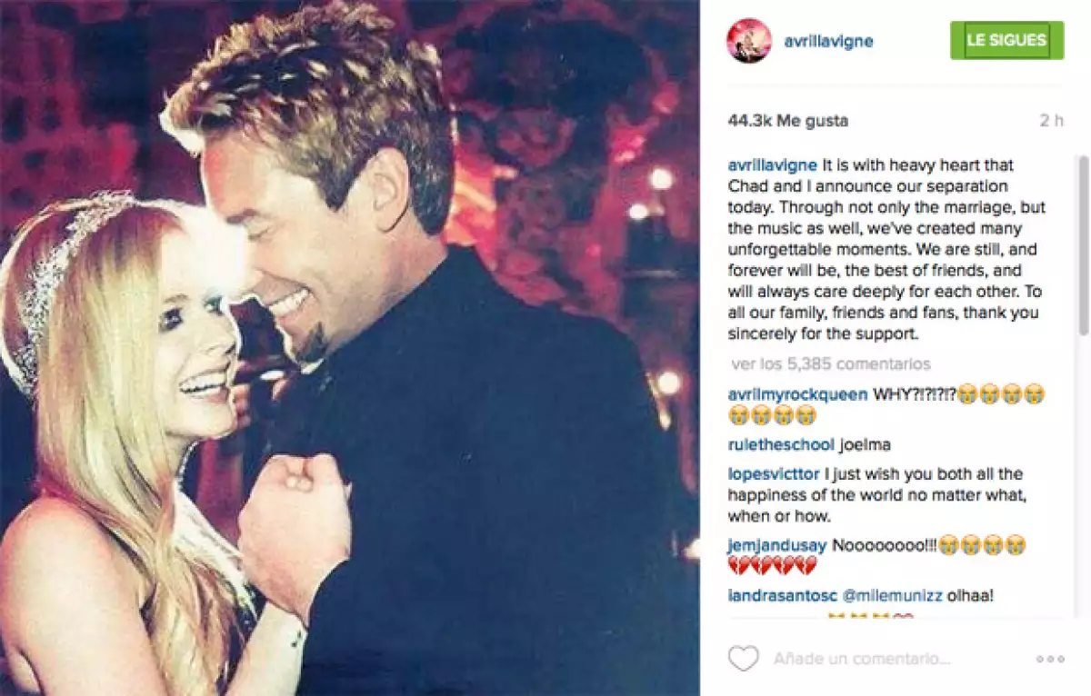 Con este mensaje fue como Avril dio a conocer que se separaba del cantante de Nickelback.