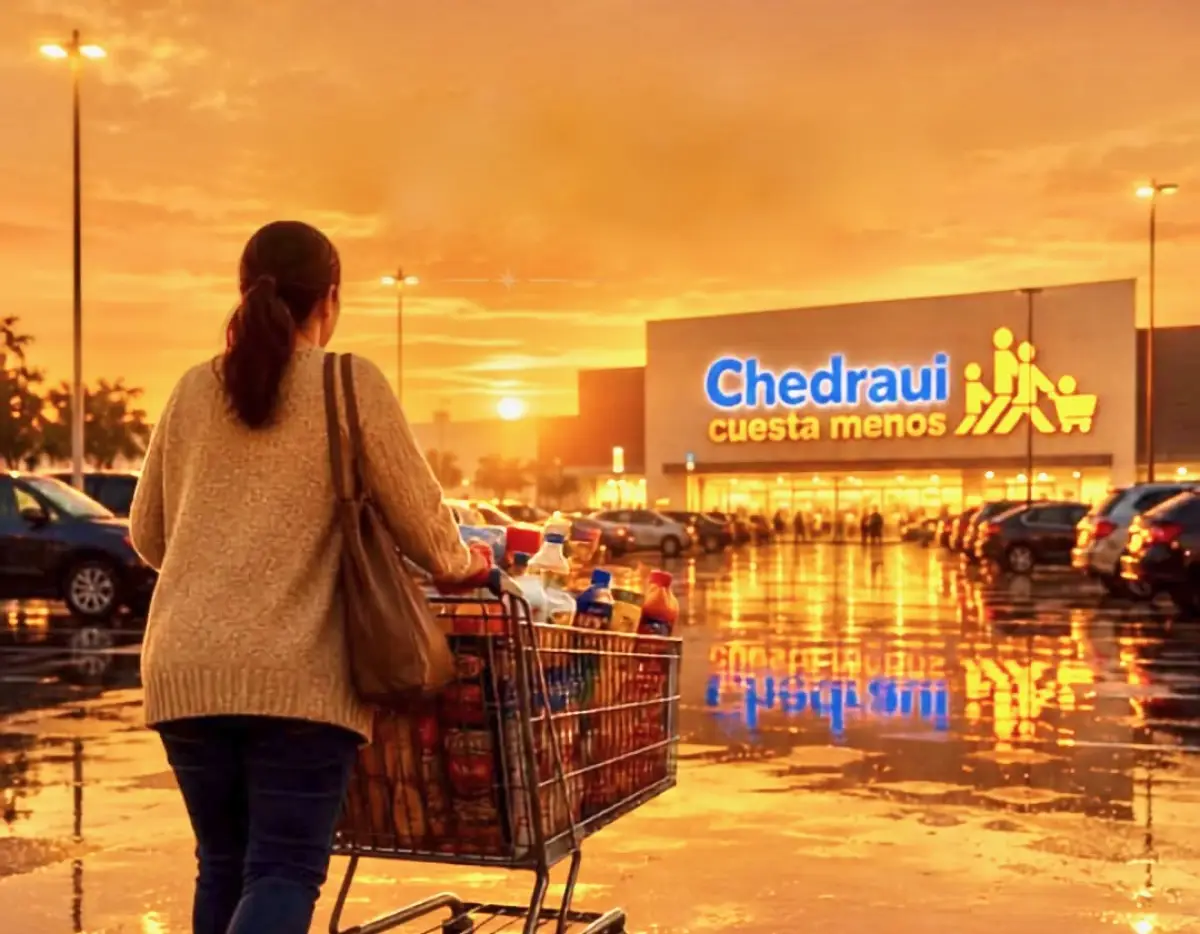 Señora saliendo de una tienda Chedraui con su carrito de compras. 