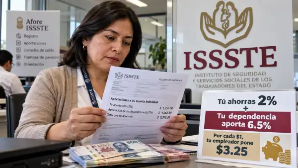 Trabajadora revisa un recibo de nómina en una oficina del ISSSTE, junto a billetes mexicanos y un aviso sobre aportaciones para el retiro.