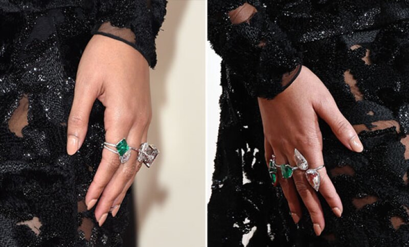 Seis anillos de diamantes y esmeraldas lucieron en las manos de Beyoncé.