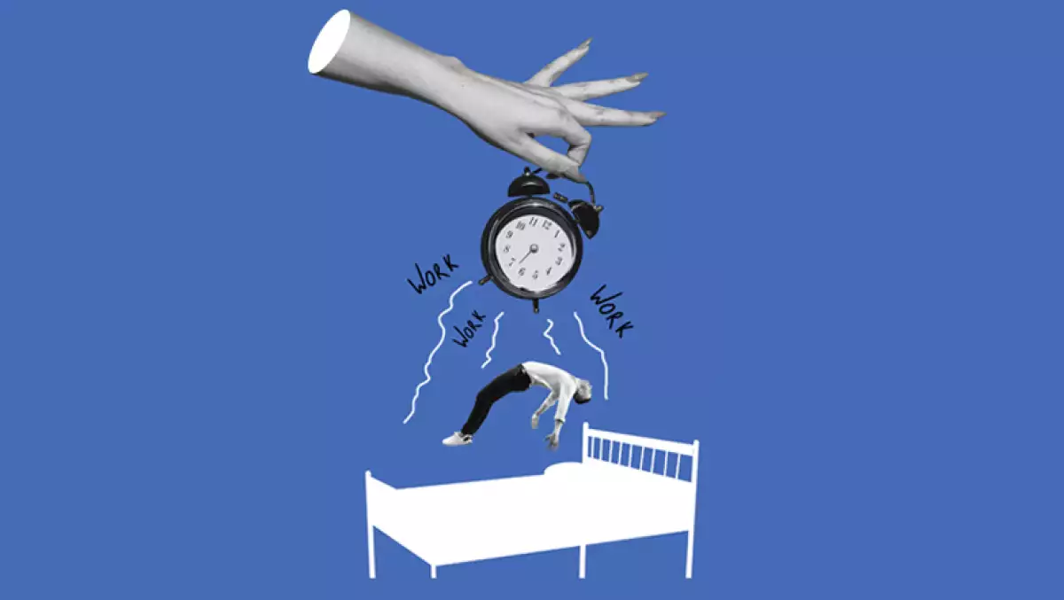Ilustración de un hombre flotando sobre una cama y un reloj despertador sonando sobre su cabeza