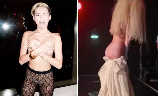 Izquierda: Recientemente Miley Cyrus posó con muy poca ropa para Terry Richardson. Derecha: Lady Gaga se desnudó el pasado fin de semana en un concierto.