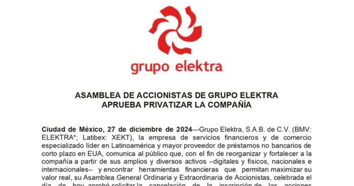 Elektra Meksika Borsasından ayrılıyor; hissedarlar özelleştirmeyi onayladı