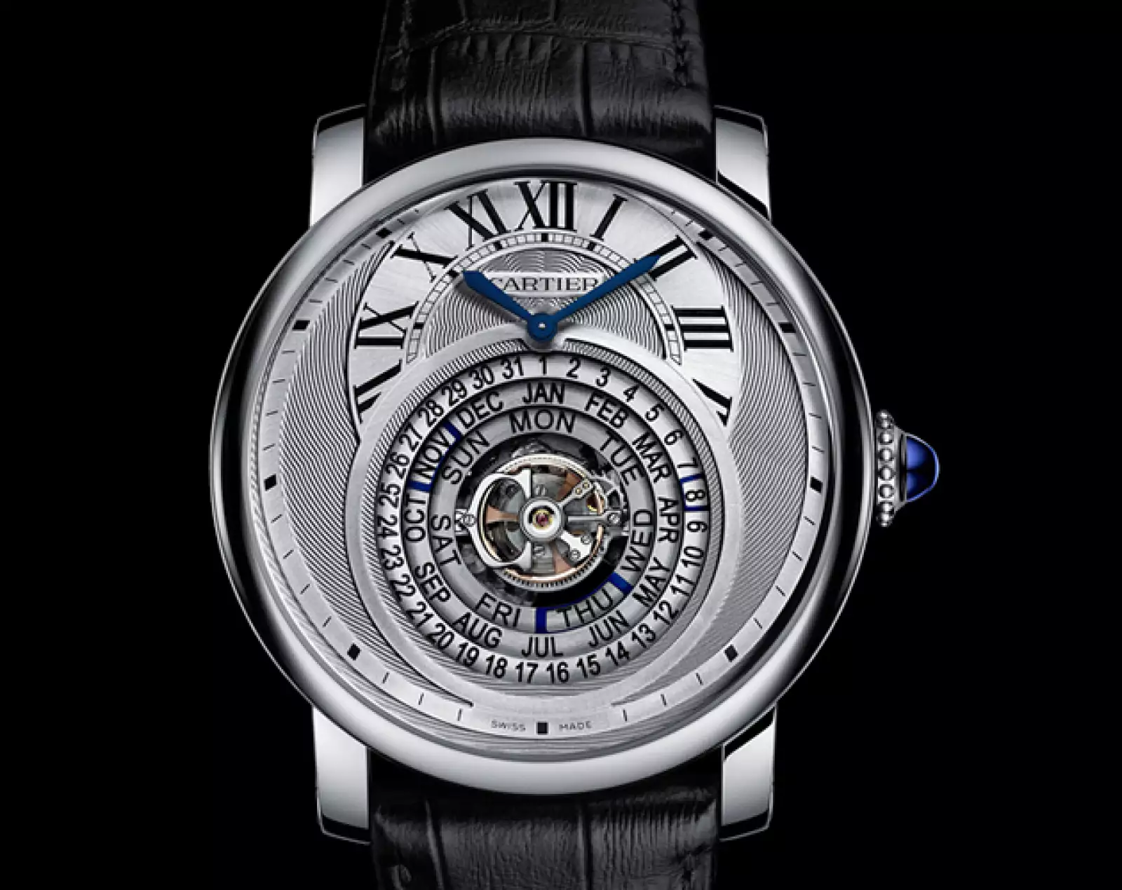 Un calendario perpetuo con indicaciones concéntricas con un mecanismo tourbillon, algo inédito en la historia de la relojería y un nuevo prodigio técnico de la manufactura. Aparte de indicar la dur...