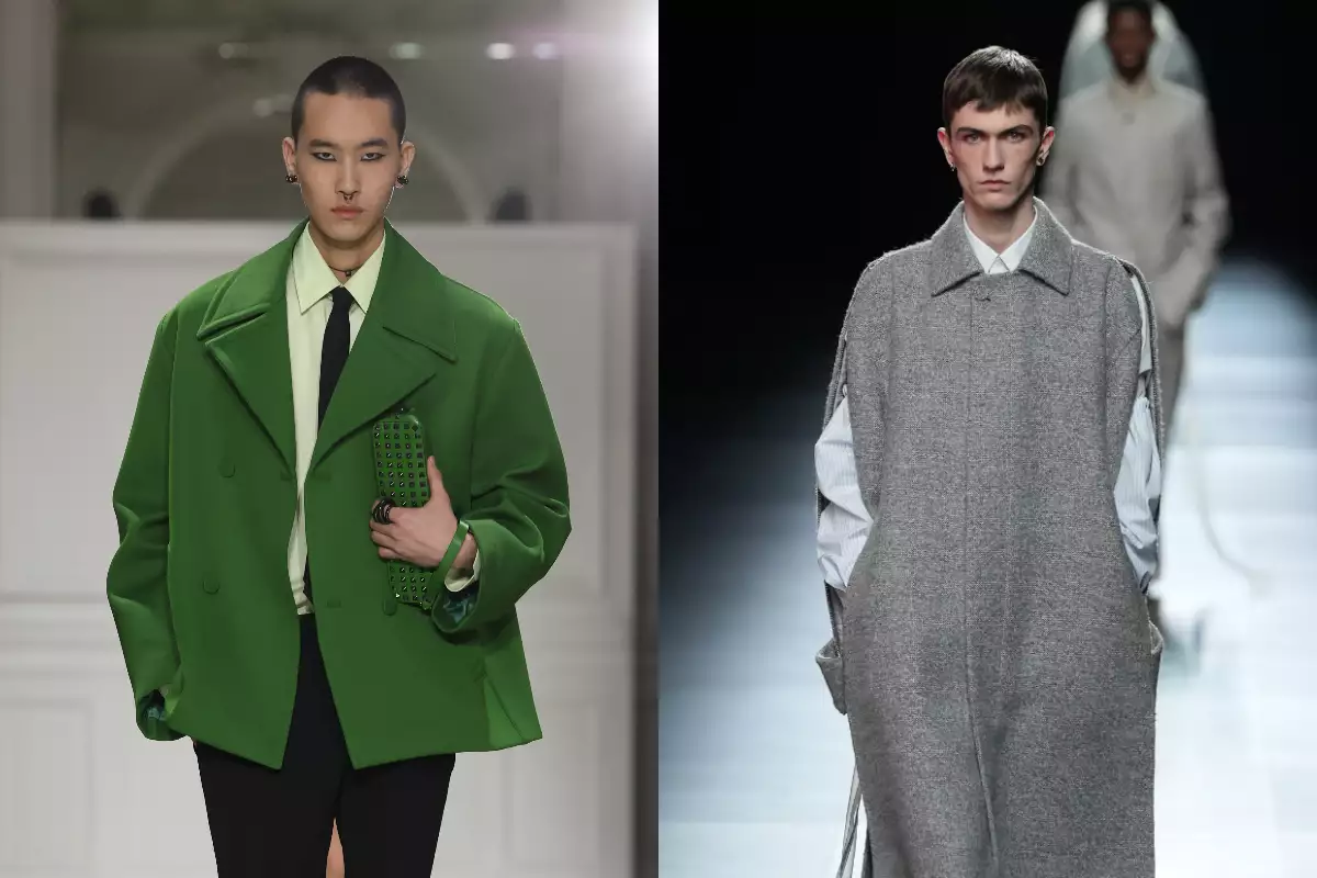 Foto collage de las pasarelas otoño-invierno 2024 de Valentino (izquierda, modelo con saco-abrigo color verde) y Dior (derecha, modelo con saco-capa gris y debajo camisa gris claro)