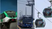 Un tren del monorriel de Monterrey a la izquierda; un Trolebús hacia Chalco en medio y dos cabinas del Cablebús de Ciudad de México a la derecha.