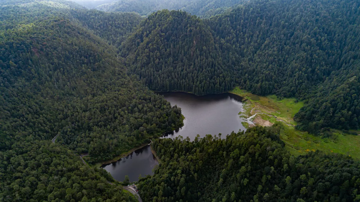 Aerial view of the Zempoala lagoon and mountain in Mexico