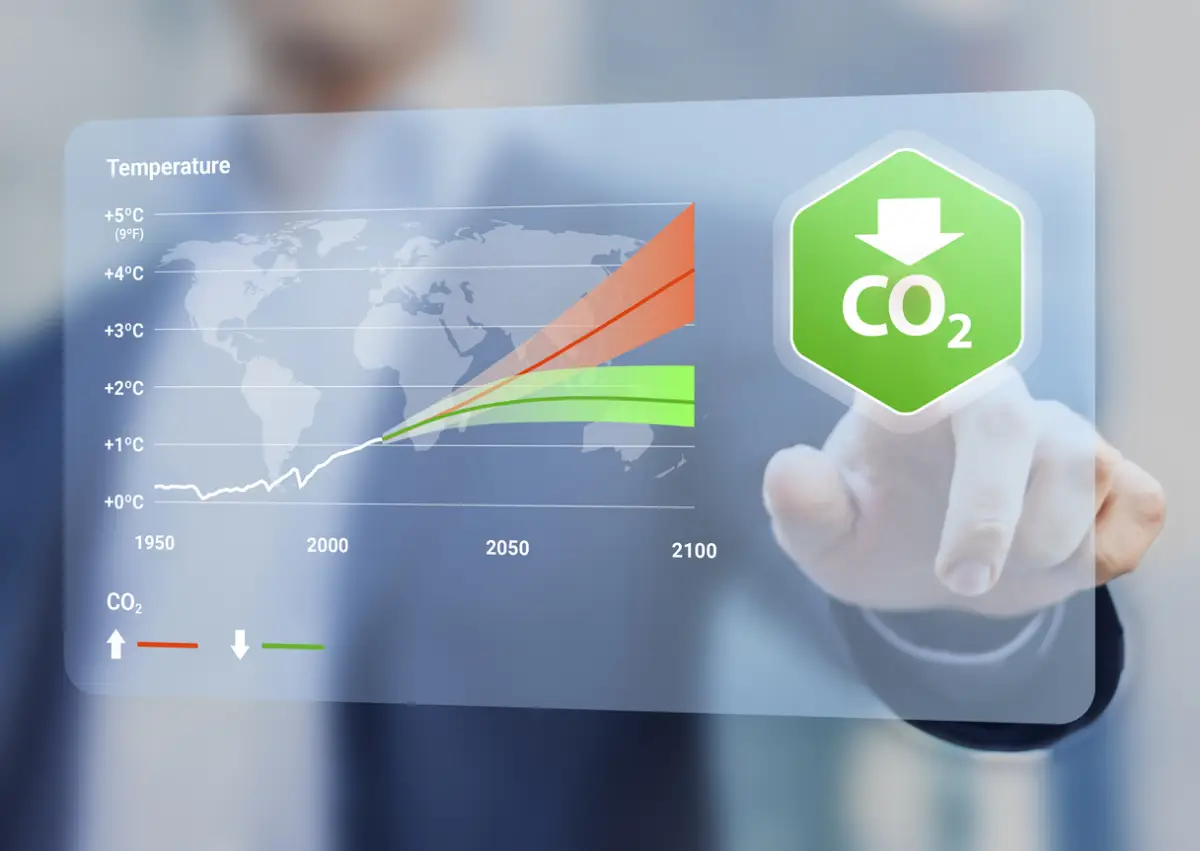 Reduce CO2 emissions to limit climate change and global warming. Chart with temperature forecast for low and high greenhouse gas levels in the future. Decarbonize. Net zero carbon dioxide footprint.