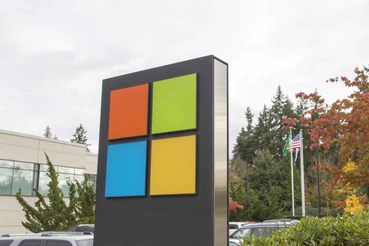 Microsoft Corporation logo outside the Executive Briefing Center at company's Redmond campus