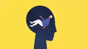 Ilustración del perfil de una persona con el fondo en forma de cielo estrellado y en medio de su cabeza otra persona flotando.
