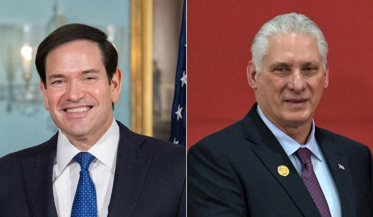 Esta combinación de imágenes creadas el 11 de enero de 2026 muestra al Secretario de Estado de los Estados Unidos, Marco Rubio, durante una reunión con el Ministro de Relaciones Exteriores belga Maxime Prevot, en la Sala de Tratados del Departamento de Estado de los Estados Unidos en Washington, DC, el 6 de enero de 2026; y al presidente de Cuba, Miguel Díaz-Canel, durante la apertura de la XXIV Cumbre ALBA-TCP en Caracas el 14 de diciembre de 2024.
