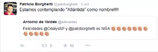 Con este tuit y otros más, Patricio dio a conocer en sus redes sociales que tanto él como su pareja estaban esperando una niña.