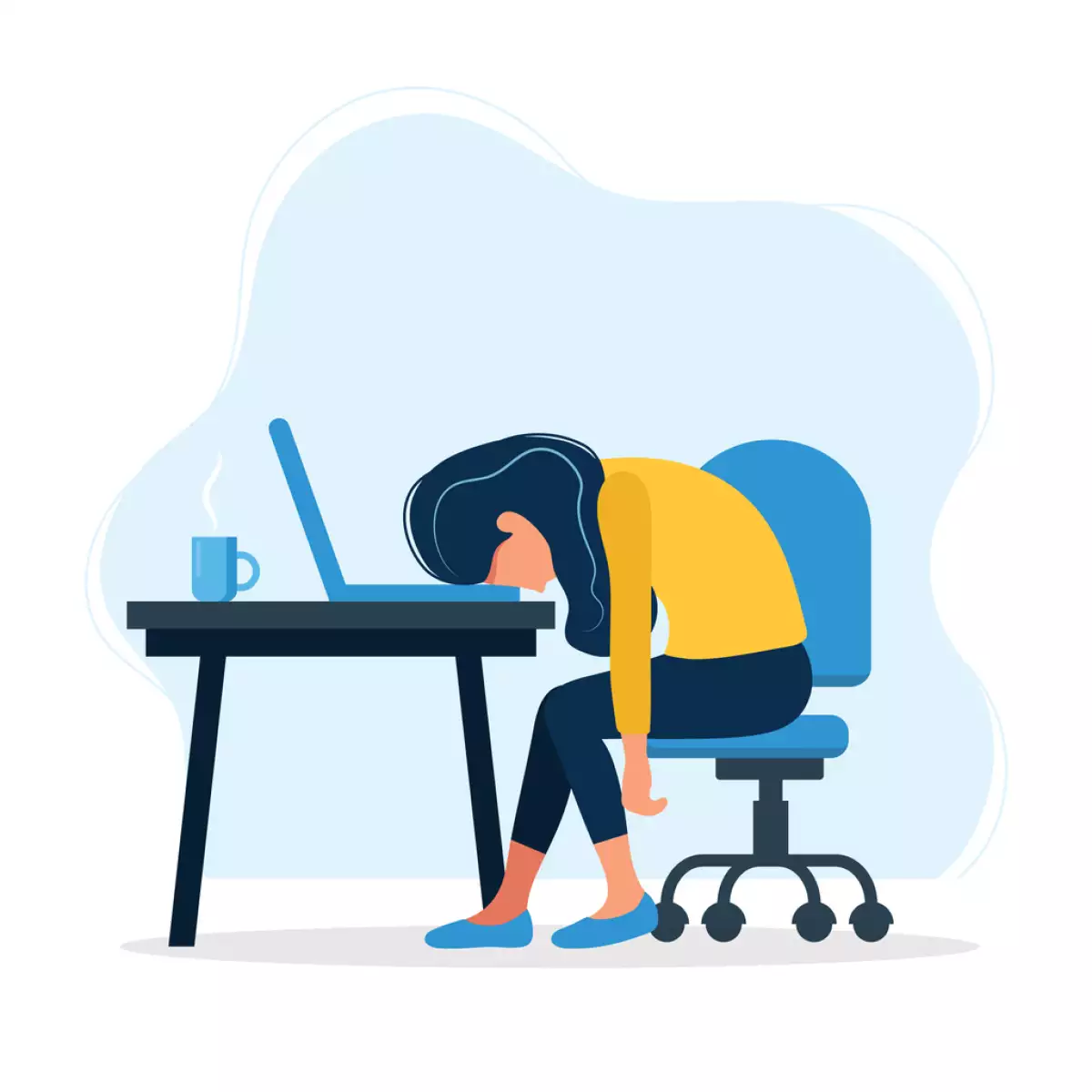 Dibujo con el concepto de agotamiento laboral, trabajadora de oficina exhausta sentada en la mesa. 