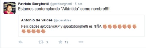 Con este tuit y otros más, Patricio dio a conocer en sus redes sociales que tanto él como su pareja estaban esperando una niña.