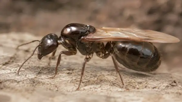 Una hormiga reina negra sobre un palo de un árbol. En México hay tráfico de estos insectos hacia Asia. 