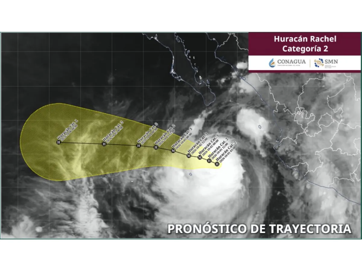 Trayectoria del Huracán Rachel. Este fenómeno natural provocara lluvias intensas y vientos fuertes en Baja California Sur, Sinaloa, Nayarit y Jalisco