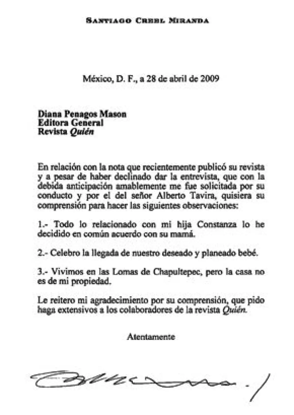 El senador panista envió una carta a la Revista Quién donde afirma que el hijo que espera con Paulina Velasco es deseado y planeado.