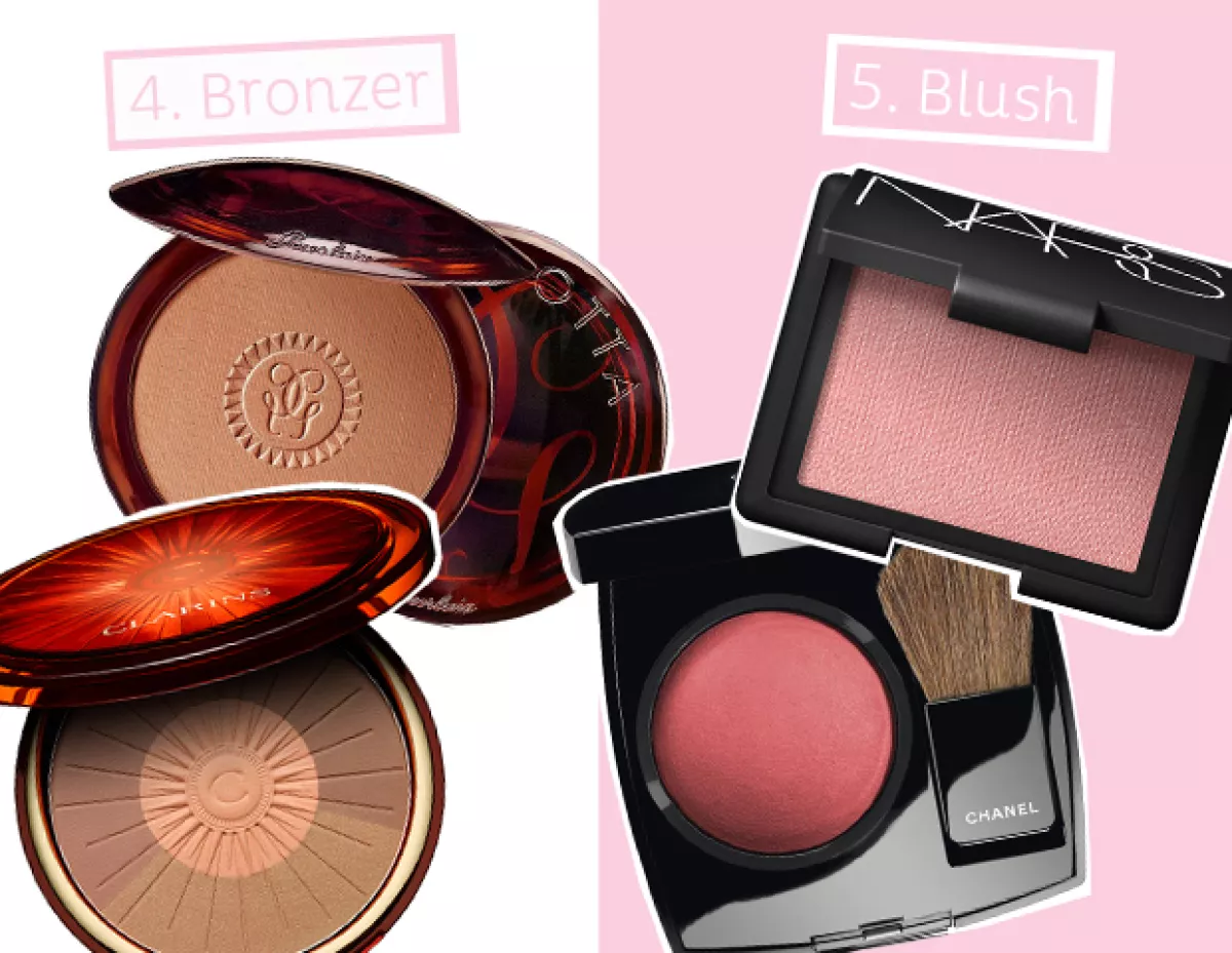Bronzer: Guerlain, Clarins. Blush: Nars, Chanel.