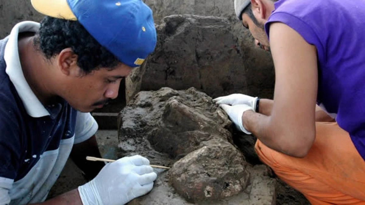 Arqueologos limpian un fosil en Comalcalco