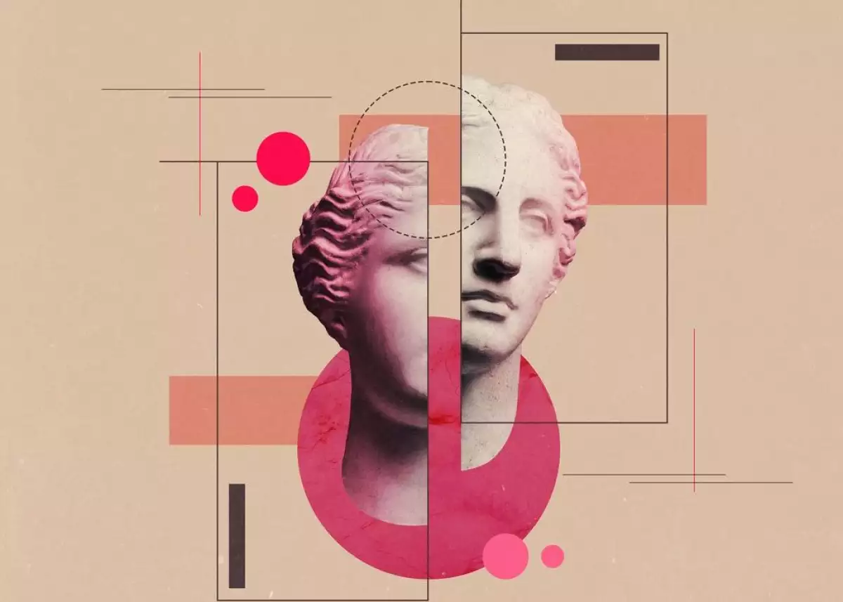 Imagen collage con el recorte de una estatua griega antigua dividida por la mitad con colores pasteles alrededor.