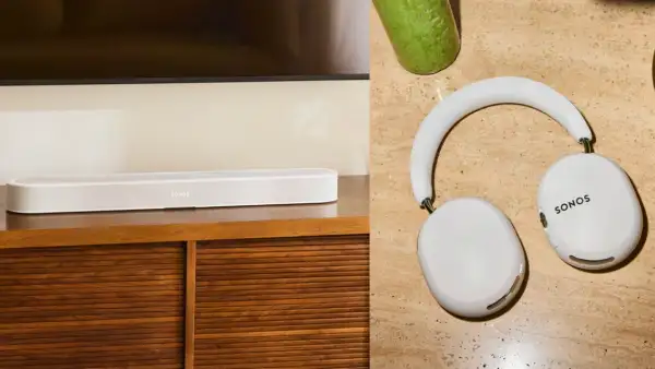 Imagen dividida en dos. Del lado de la izquierda, la nueva barra de sonido Beam Ultra en color blanco debajo de un televisor y, del lado derecho, los nuevos audífonos Ace Ultra en primer plano.