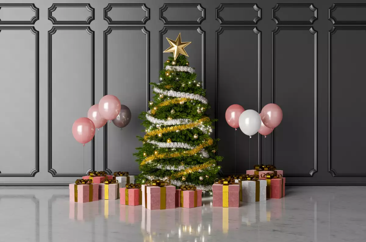 Christmas tree with gifts and balloons