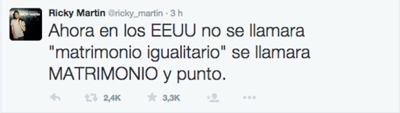 Ricky Martin fue de los primeros famosos en expresar su sentir ante la aprobación del matrimonio gay.