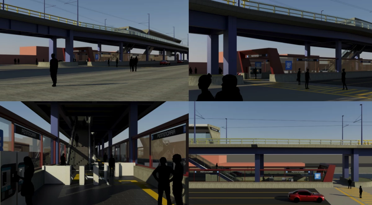 Renders del Trolebús Elevado de Iztapalapa, con proyecciones sobre las estaciones y viaducto