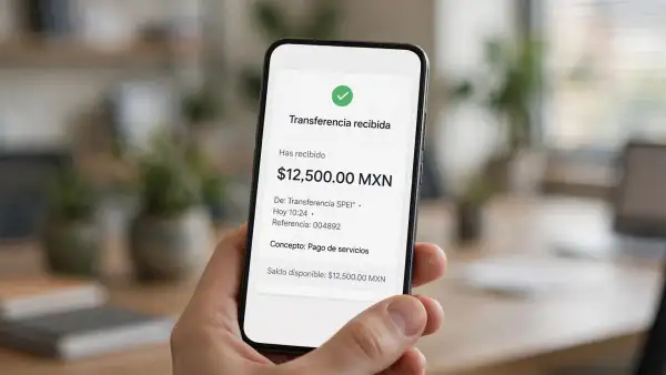 Una mano sosteniendo un celular en el que se lee que se ha recibido una transferencia bancaria correctamente, en el fondo se puede ver una oficina.