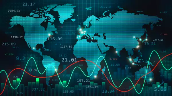 Stock foreign exchange or forex illustration with the world map, infographics and numbers. International finance, trade and economy concept.