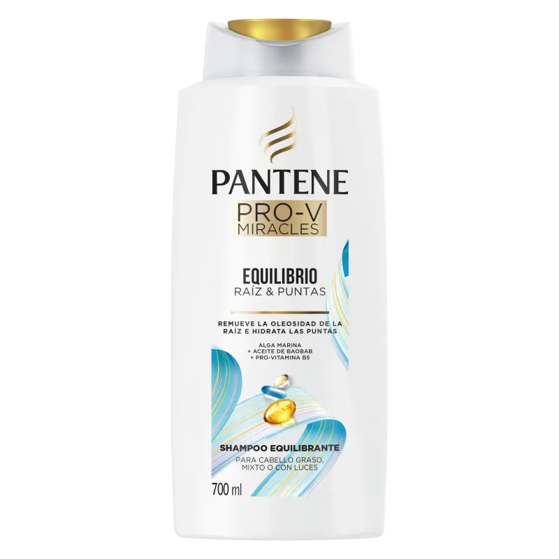Botella del nuevo shampoo Pantene Equilibrio Raíz y Puntas. 