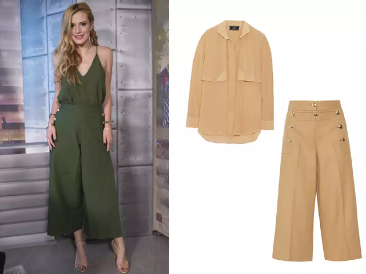 Bella Thorne logró el look monocromático con piezas de Camilla and Marc. Culotte Sacai y blusa de seda de Malene Birger.