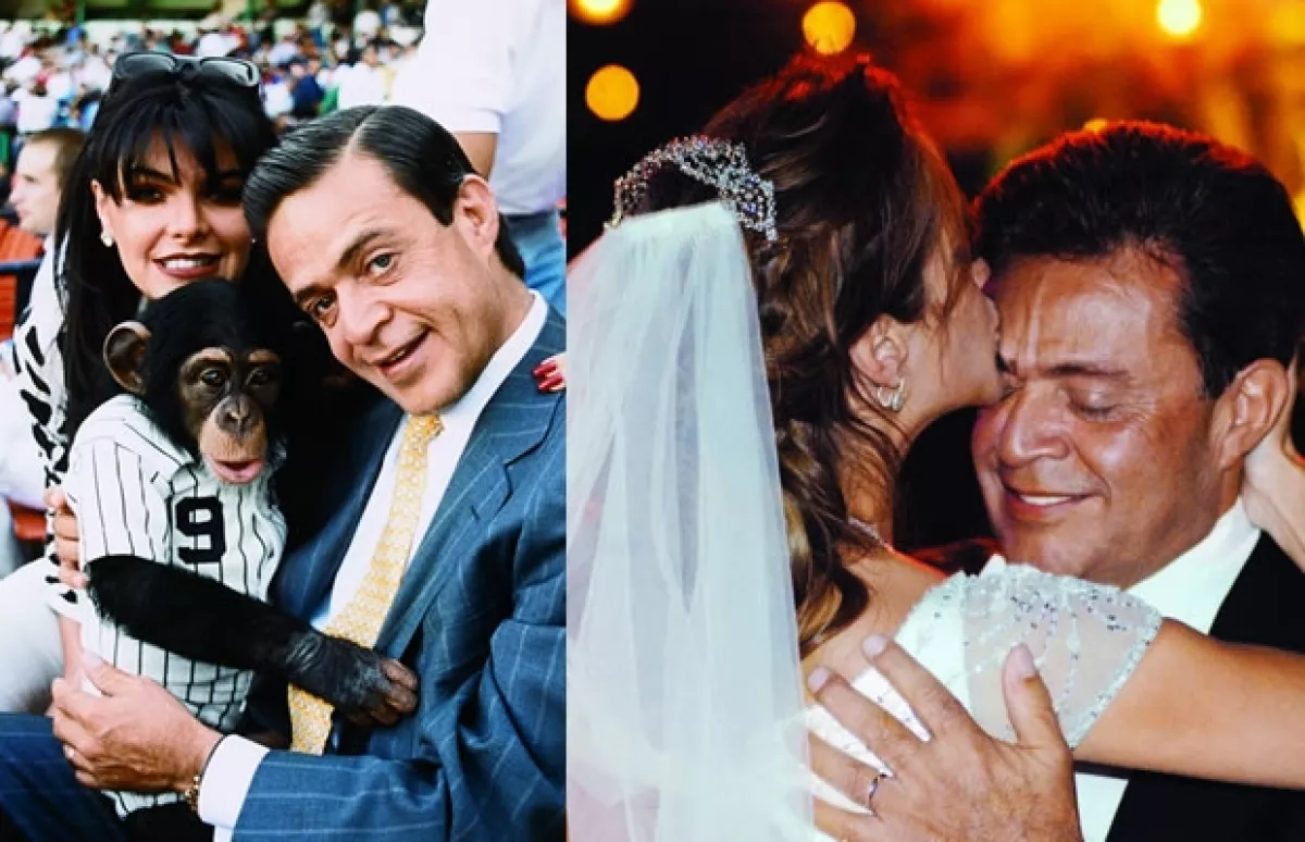 Antes de que la primera hija de Carlos Peralta y Mariana Tort naciera, "su hija" era Anita, una chimpancé que vestía ropa de marca. La foto de la derecha es de febrero de 2006, cuando el empresario casó a su hija Olivia, fruto de su primer matrimonio. Para la fiesta mandó construir un