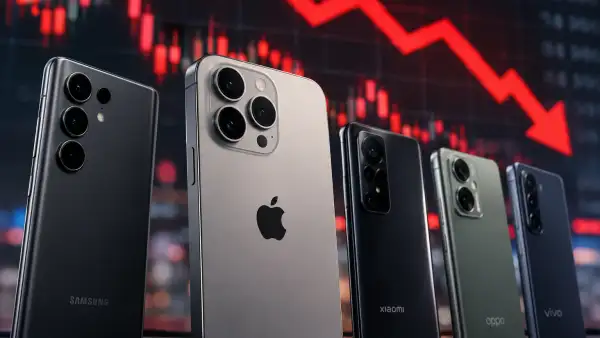 Cinco teléfonos inteligentes de distintas marcas aparecen sobre una superficie oscura, en la que al fondo, una gráfica financiera roja con una flecha descendente representa la caída del mercado mundial de smartphones.
