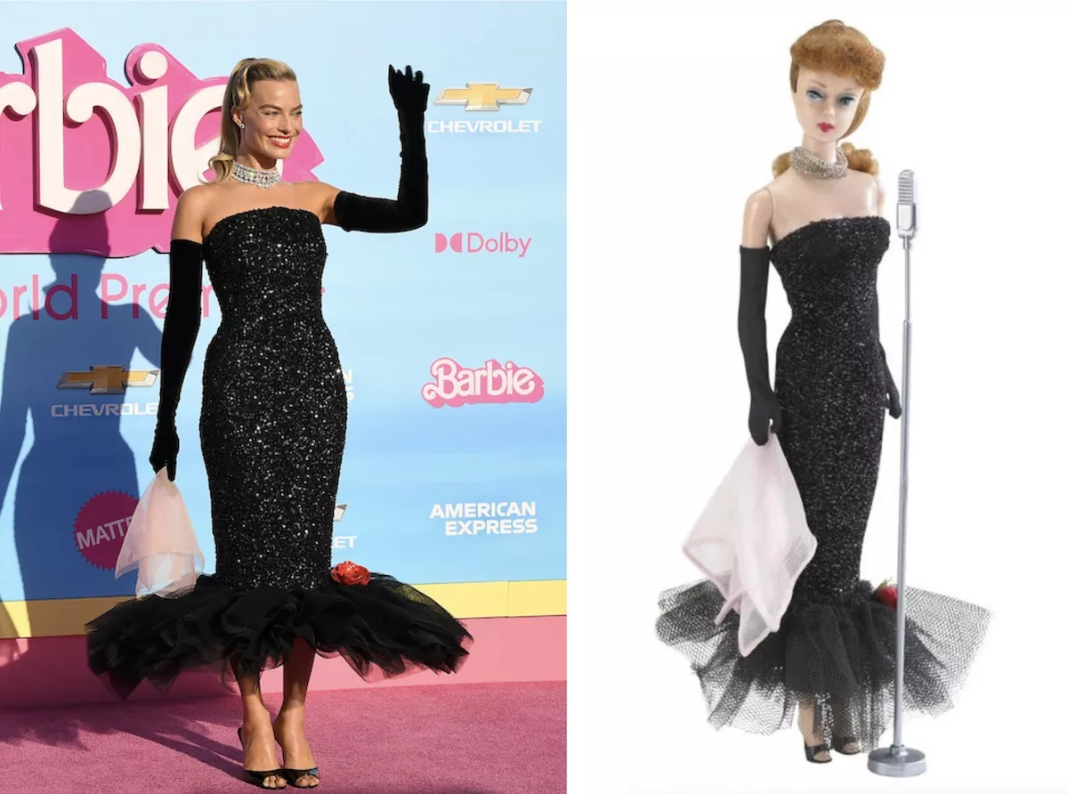 Margot robbie vestida como barbie de 1960.