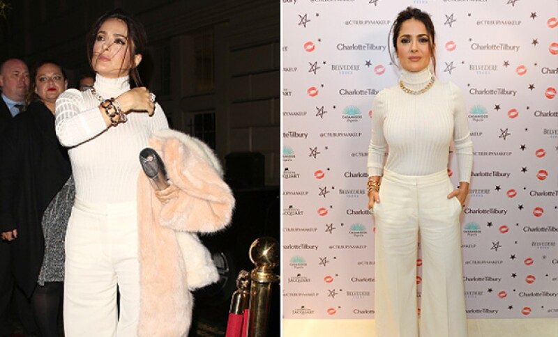 Sin miedo a los colores, Salma demuestra que los colores claros le van bien en invierno.