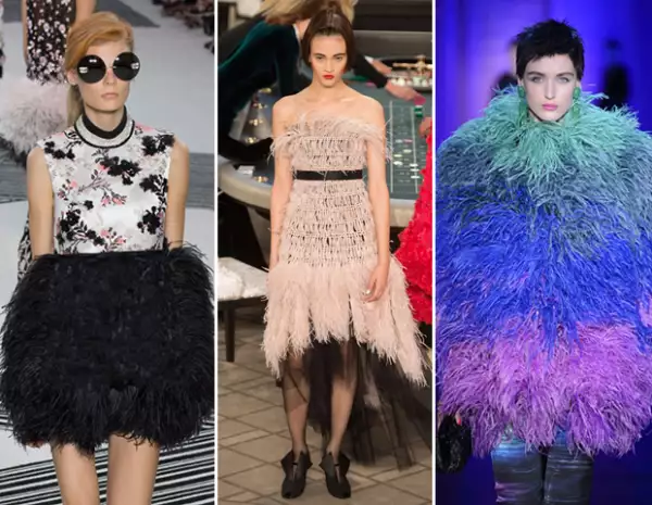 Las plumas le dan el volumen y la textura que las piezas necesitan para ser consideradas un statement. Para otoño-invierno se vieron vestidos con feathers en pasarelas como Giambattista Valli y Chanel o sacos como los de Armani Privé.