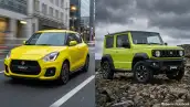 Dos modelos de Suzuki. Del lado izquiero un Suzuki Swift en color amarillo; del lado izquierdo un Suzuki Jimny en color verde lima.