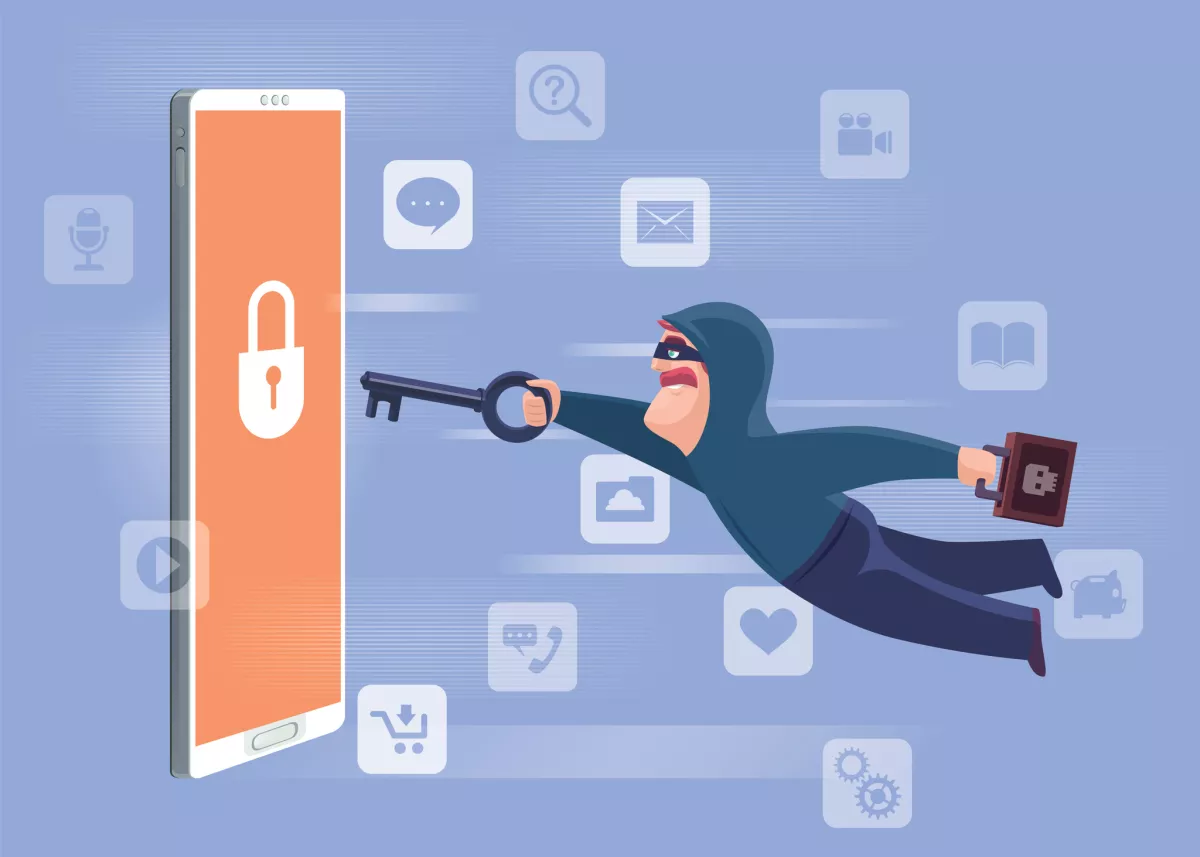 hacker holding key and going to unlock smartphone