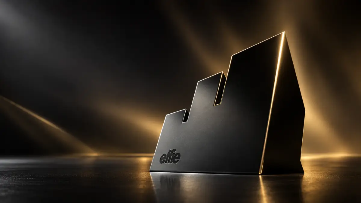 Ilustración del trofeo negro del Gran Effie con iluminación dorada sobre un fondo oscuro.
