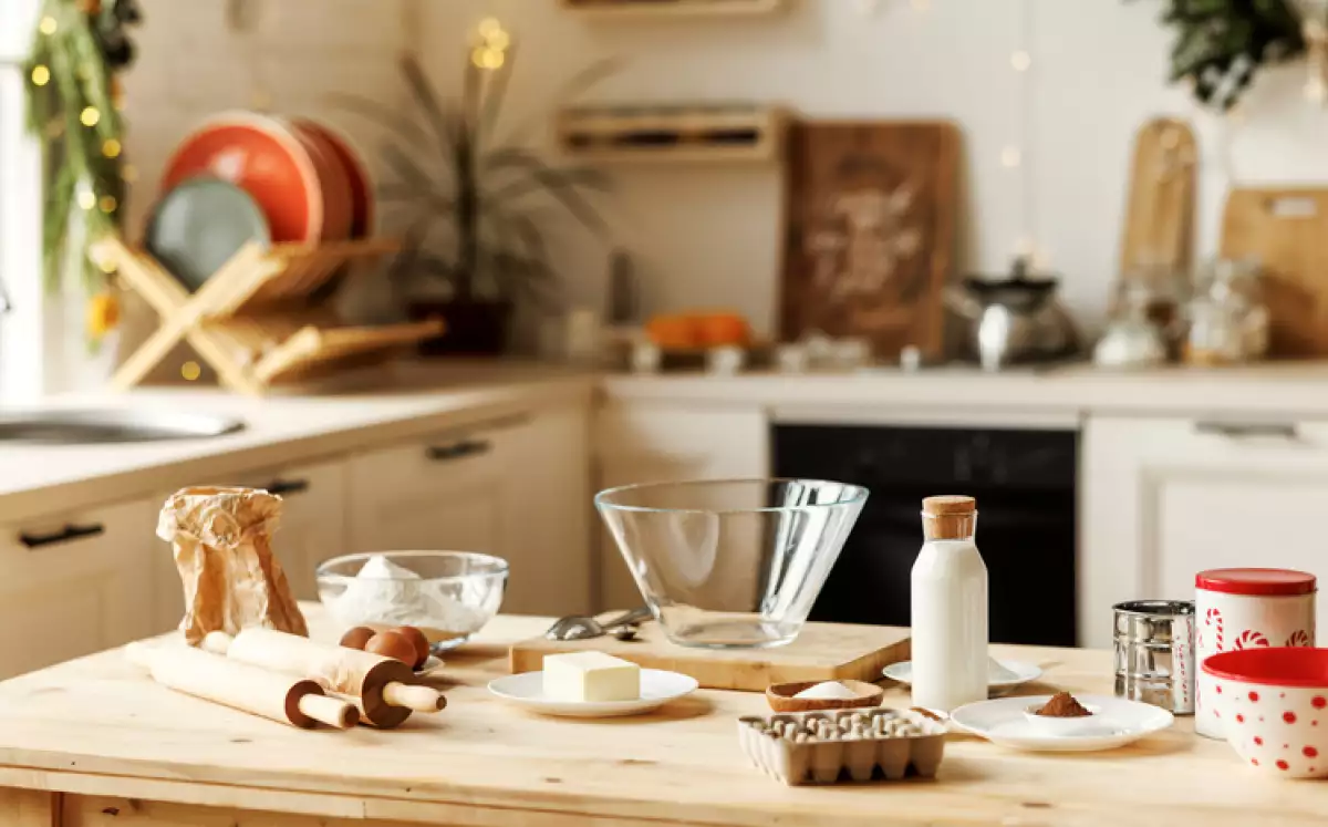 Holiday baking. Ingredients for traditional Christmas cookies on kitchen countertop