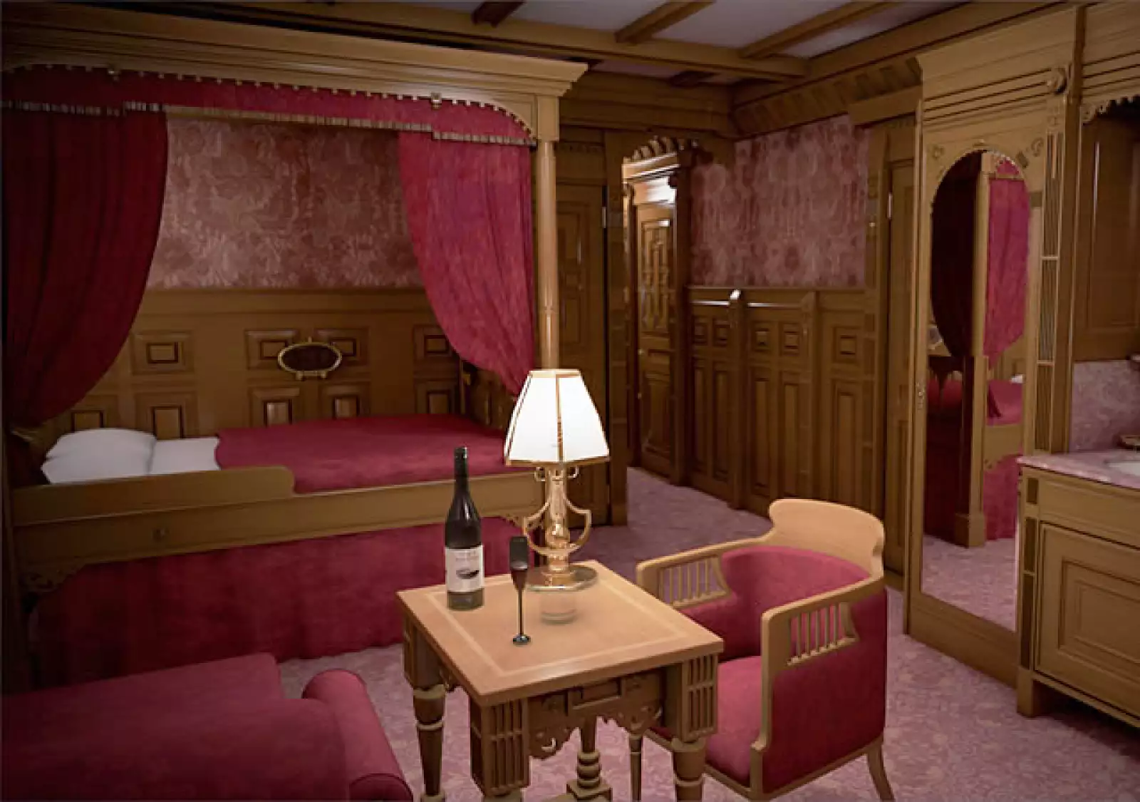 Los camarotes de primera clase son espaciosos y están decorados igual que el primer Titanic.