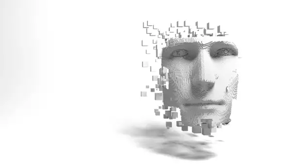 Artificial intelligence conceptual face made of dissolving vortexes with place for copy